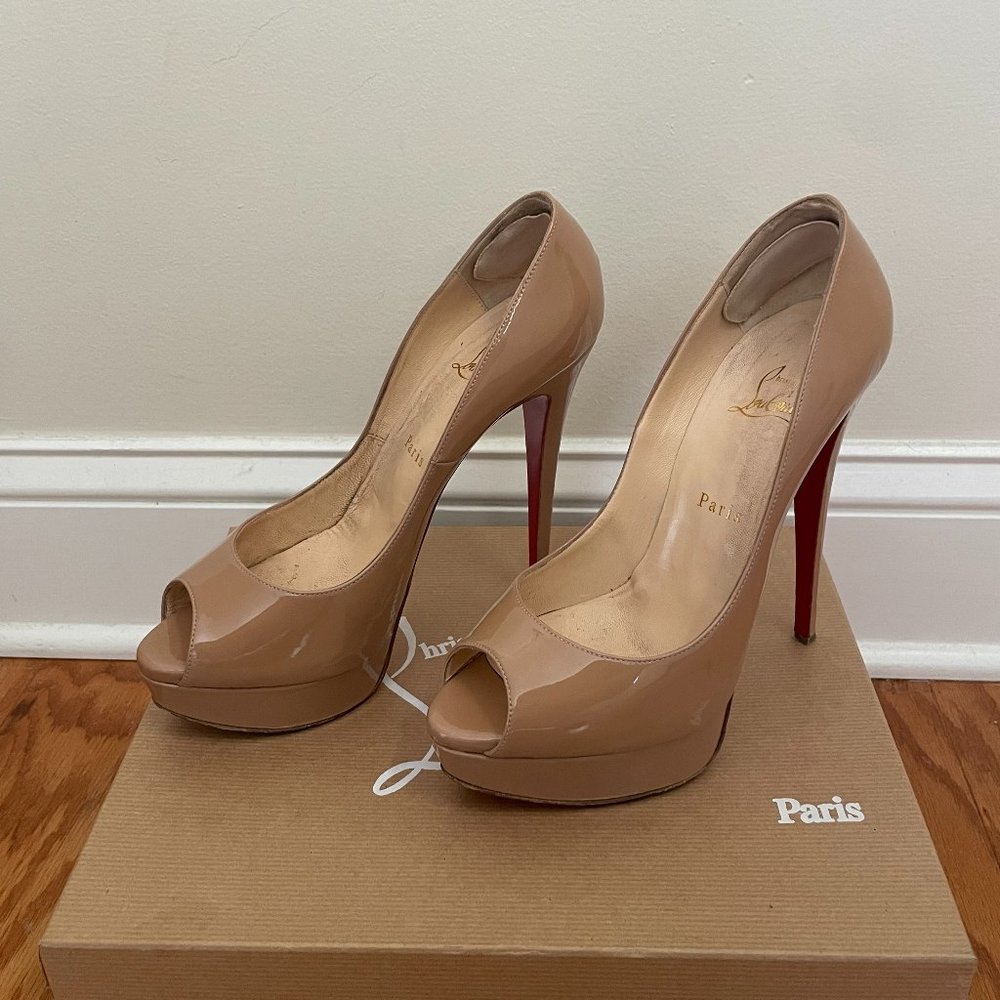 Nude Christian Louboutin Heels - Lady peep 150 patent calf black pump heels